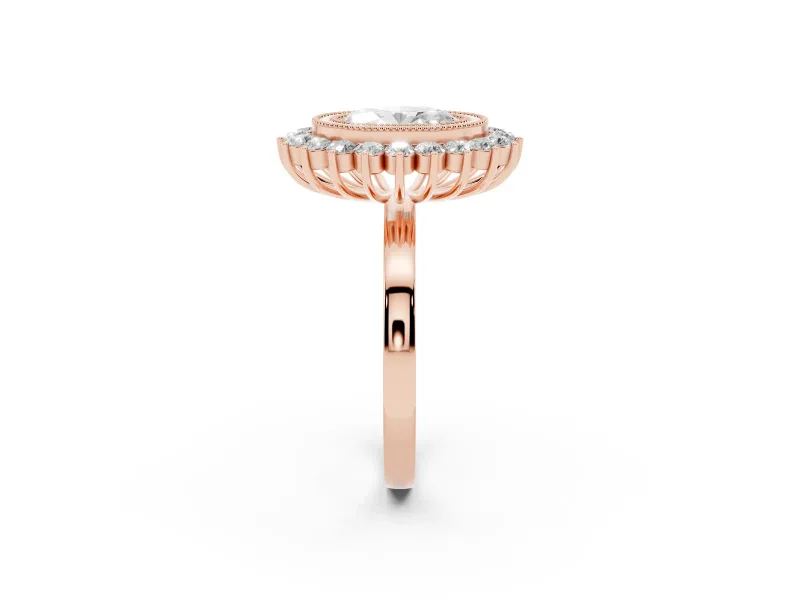 Oval Vintage Milgrain Bezel Halo Engagement Ring Setting | Sunburst Halo | Rose Gold