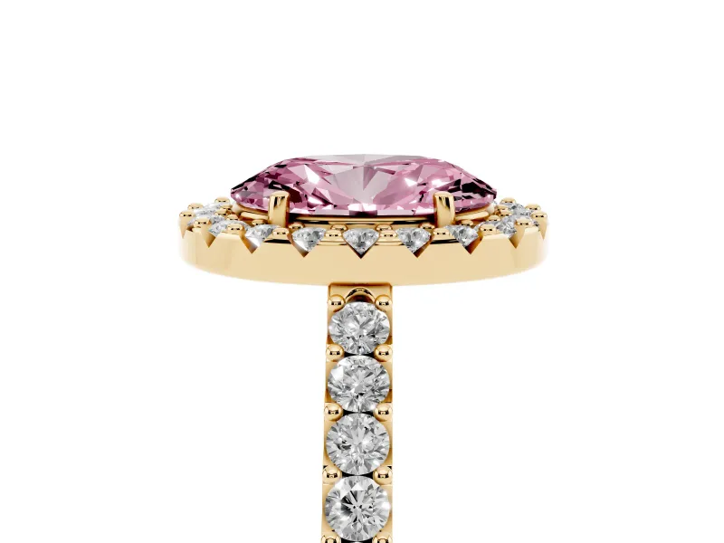 Fancy Pink Oval Cut Diamond Halo Pavé Solitaire Ring Set in Yellow gold with Prong-Set Center Stone