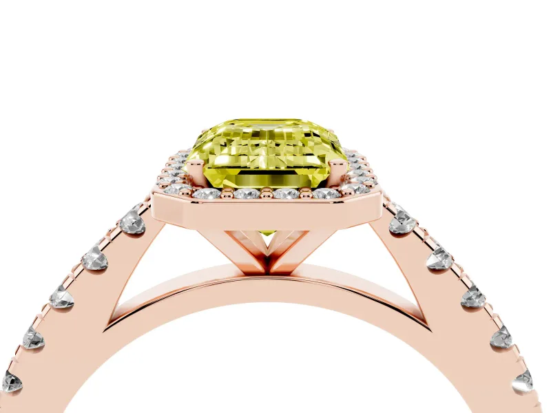 Emerald Cut Halo Pavé Engagement Ring Setting for a Fancy Yellow Lab-Grown Diamond | Rose Gold