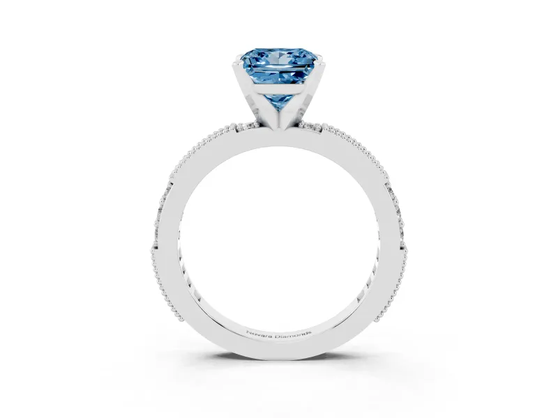 Fancy Blue Princess Cut Diamond Solitaire Ring Set in Silver with Slim Pavé Band and Prong Setting