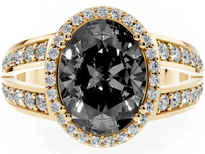 Fancy Black Oval Cut Diamond Halo Ring Set in Yellow gold with Double Pavé Split Shank