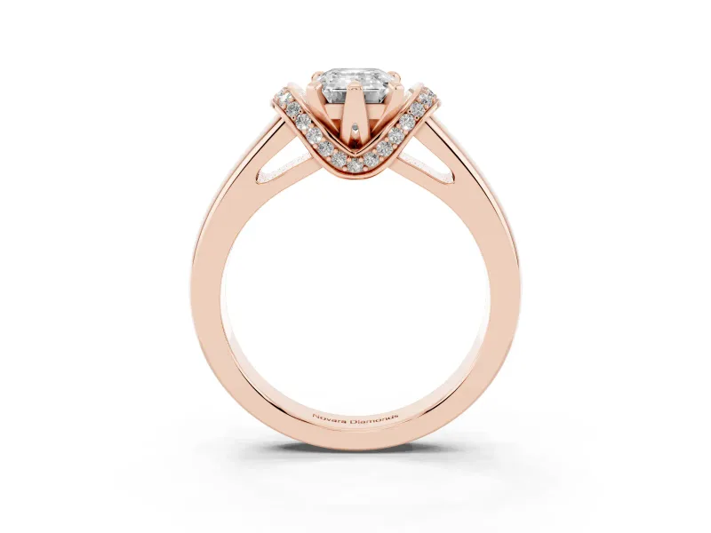 Emerald Cut Pavé Collar Solitaire Engagement Ring Setting | Wide Polished Band | Rose Gold