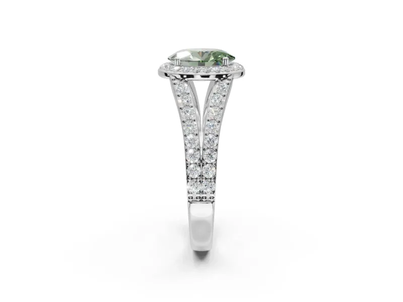 Oval Halo Pavé Engagement Ring Setting for a Fancy Green Lab-Grown Diamond | Narrow Split Shank | Sterling Silver