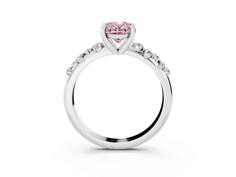 Fancy Pink Oval Cut Diamond Solitaire Vine Band Ring Set in White gold with Round Accents and Prong Setting