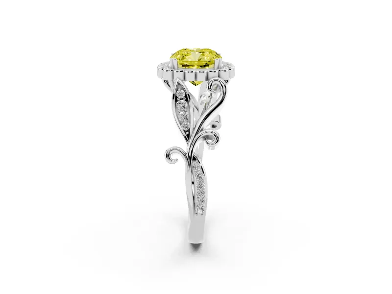 Cushion Cut Leaf Halo Engagement Ring Setting for a Fancy Yellow Lab-Grown Diamond | Platinum