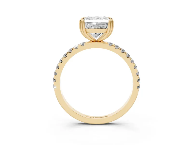 Princess Cut Diamond Brilliant Solitaire Set in Yellow gold with Pavé Band and Claw Prong Setting