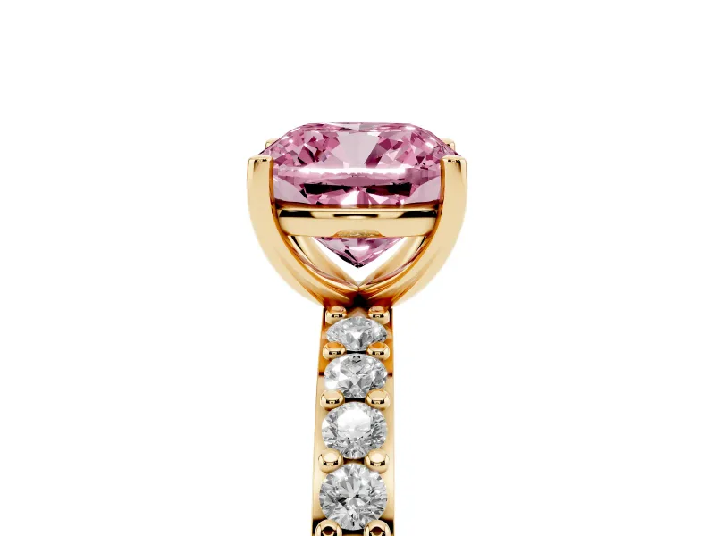 Cushion Cut Pavé Solitaire Engagement Ring Setting for a Fancy Pink Lab-Grown Diamond | Single Row Band | Yellow Gold