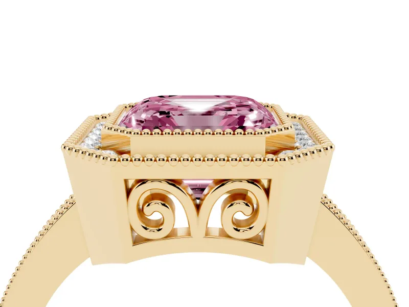 Fancy Pink Asscher Cut Diamond Halo Ring Set in Yellow gold with Pavé Band and Milgrain-Edged Prongs