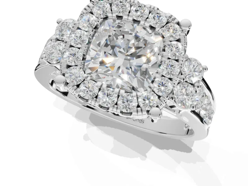 Cushion Cut Halo Side Cluster Engagement Ring Setting | Graduated Channel Band | Sterling Silver