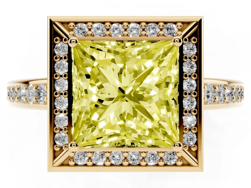 Fancy Yellow Princess Cut Diamond Halo Pavé Split Shank Ring Set in Yellow gold with Prong Setting