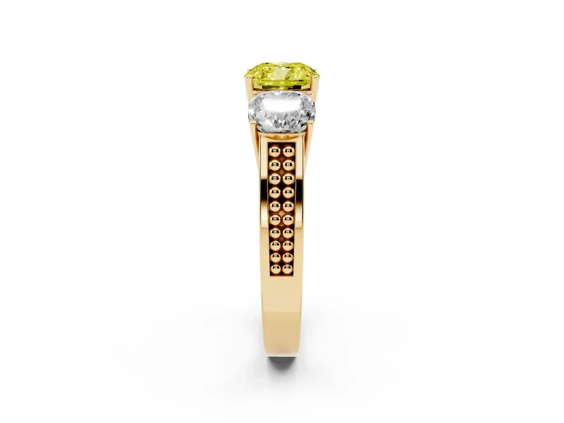 Cushion Cut Three Stone Engagement Ring Setting for a Fancy Yellow Lab-Grown Diamond | Beaded Shoulders | Yellow Gold
