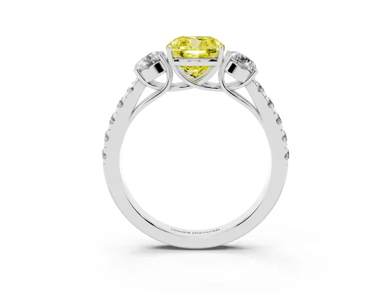 Fancy Yellow Cushion Cut Diamond Three-Stone Ring Set in Silver with Round Side Stones and Delicate Pavé Band