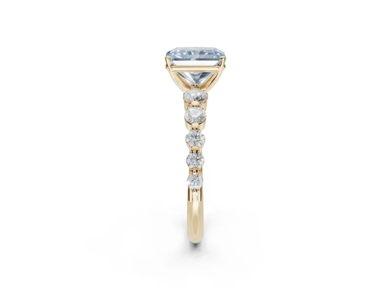 Radiant Cut Graduated Side Stone Engagement Ring Setting for a Fancy Blue Lab-Grown Diamond | Yellow Gold