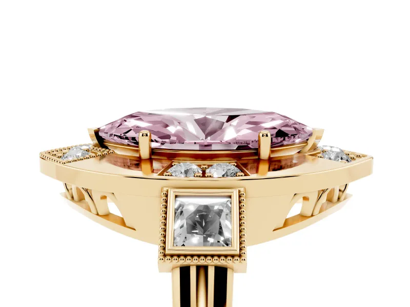 Fancy Pink Marquise Cut Diamond Milgrain Halo Ring Set in Yellow gold with Split Shank