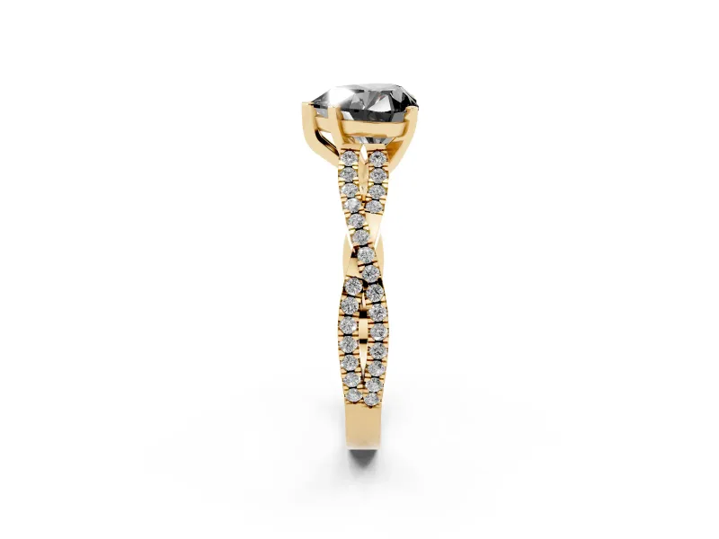 Fancy Black Heart Cut Diamond Solitaire Engagement Ring Set in Yellow gold with Twisted Pavé Band and Prong Setting