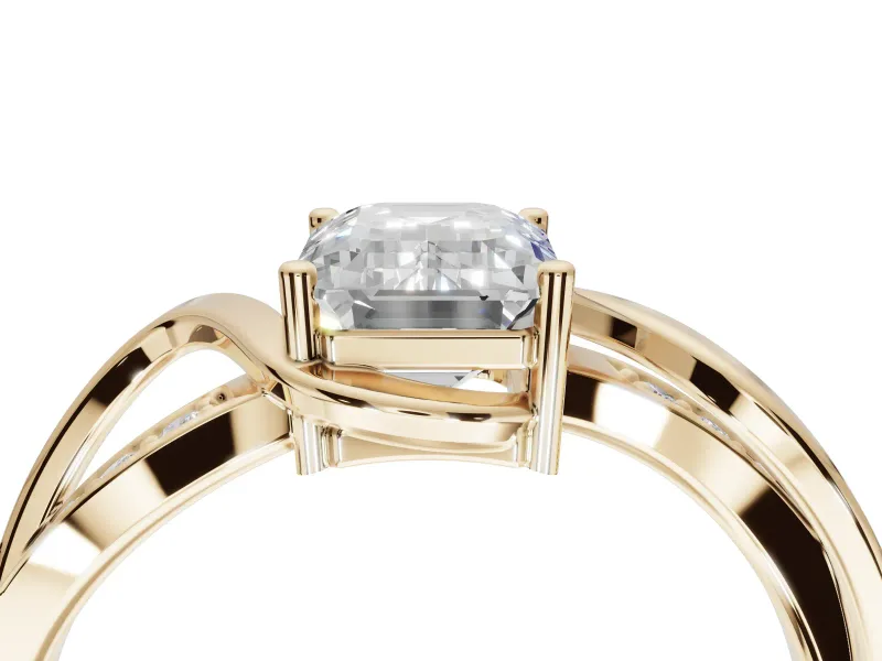 Emerald Cut Bypass Solitaire Engagement Ring Setting | Pavé and Plain Strands | Yellow Gold