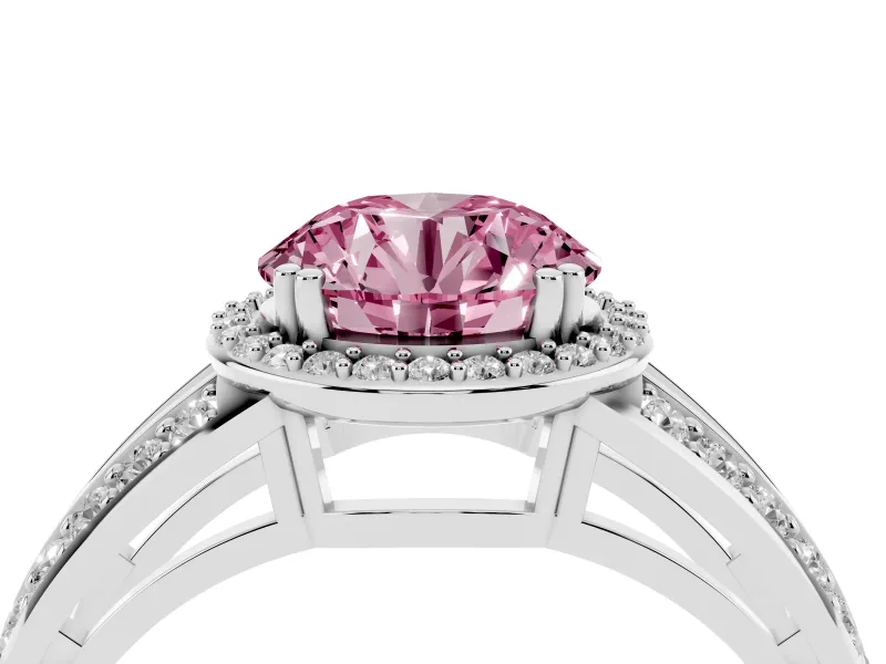 Round Halo Engagement Ring Setting for a Fancy Pink Lab-Grown Diamond | Split Shank | White Gold