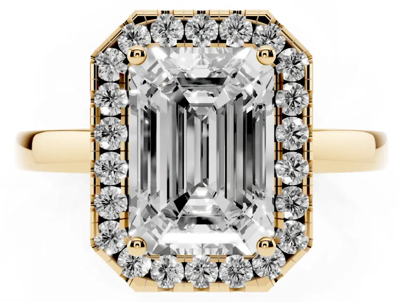 Emerald Cut Diamond Halo Solitaire Ring Set in Yellow gold with Pavé Band and Prong Setting