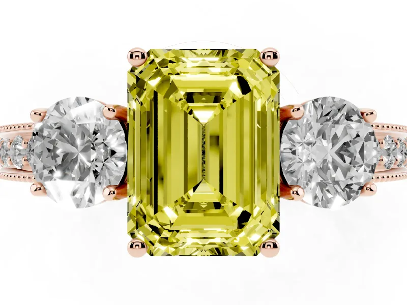 Emerald Cut Three Stone Engagement Ring Setting for a Fancy Yellow Lab-Grown Diamond | Graduated Pave Band | Rose Gold