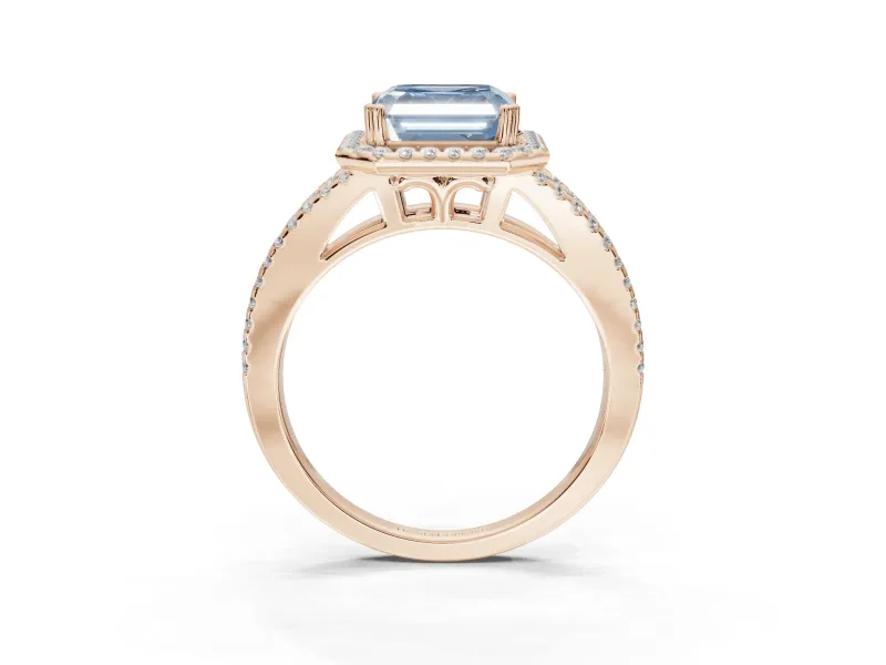 Asscher Cut Halo Split Shank Engagement Ring Setting for a Fancy Blue Lab-Grown Diamond | Pavé Shoulders | Rose Gold
