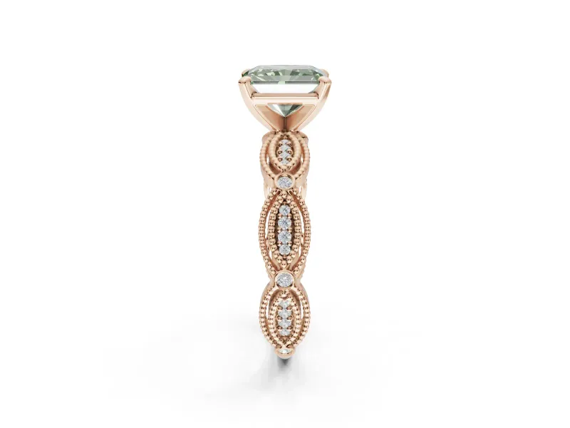Radiant Cut Vintage Engagement Ring Setting for a Fancy Green Lab-Grown Diamond | Graduated Stations | Rose Gold