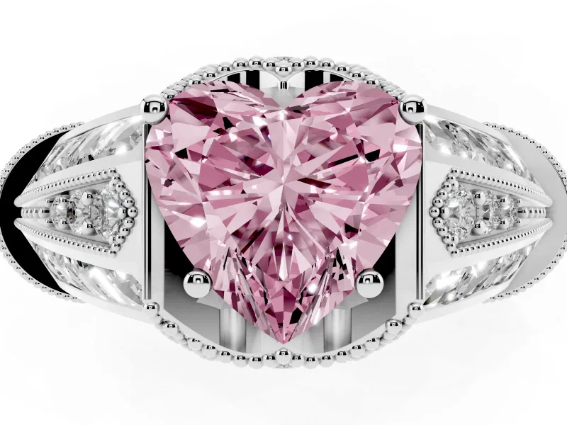 Fancy Pink Heart Cut Diamond Vintage-Inspired Milgrain Ring Set in Silver with Accent Split Shank
