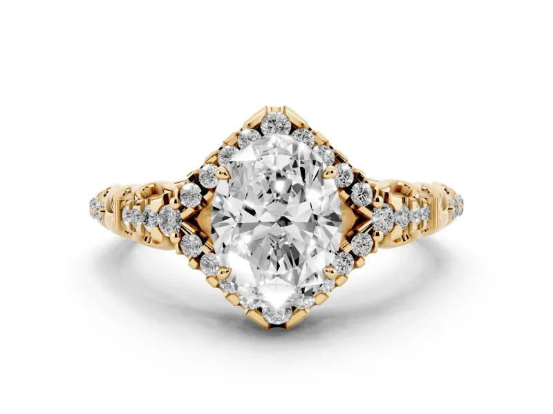 Oval Cut Diamond Solitaire Ring Set in Yellow gold with Hidden Halo and Pavé Band