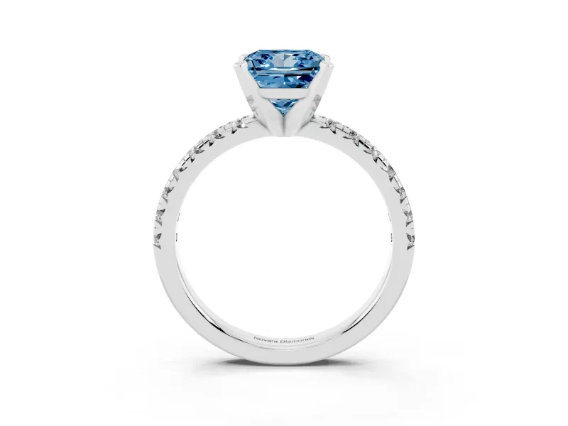 Fancy Blue Princess Cut Diamond Solitaire Pavé Engagement Ring Set in Silver with Round Band and Prong Setting
