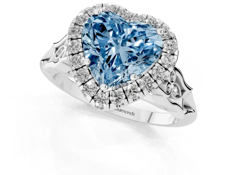 Fancy Blue Heart Cut Diamond Halo Engagement Ring Set in Silver with Filigree Band and Prong-Set Center