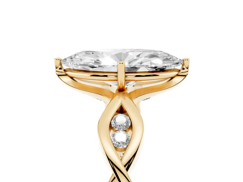 Marquise Cut Diamond Twist Band Solitaire Ring Set in Yellow gold with Leaf Prong Setting and Accent Stones