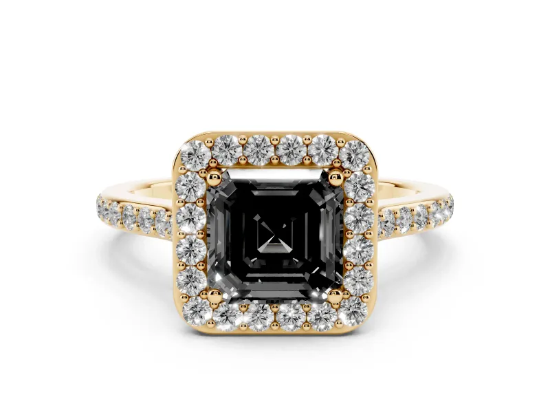 Fancy Black Asscher Cut Diamond Halo Engagement Ring Set in Yellow gold with Round Pavé Shoulders and Heart Gallery