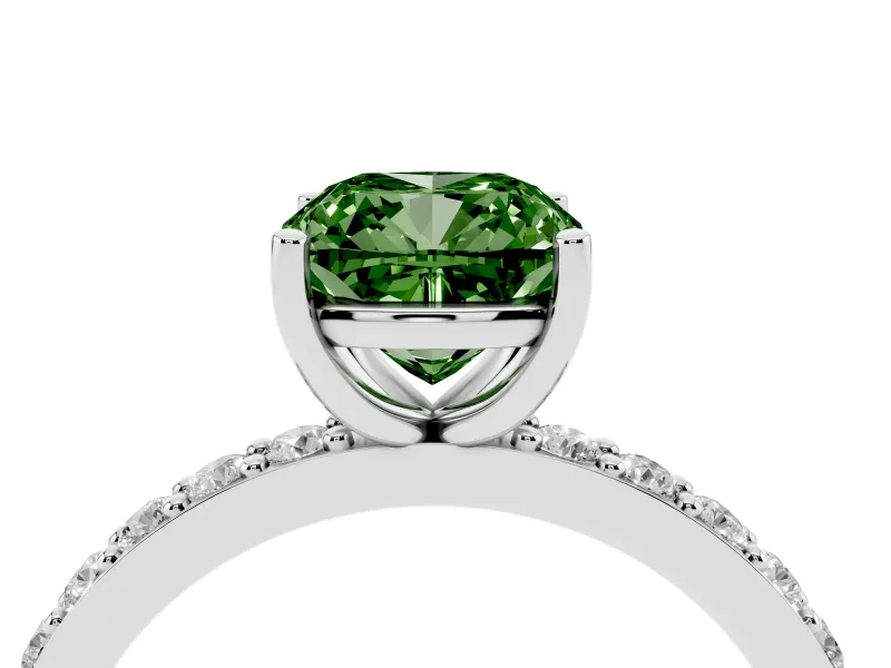 Fancy Green Cushion Cut Diamond Solitaire Set in Silver with Round Pavé Band and Prong Setting