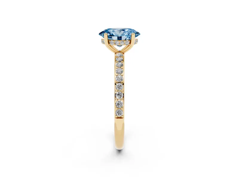 Fancy Blue Oval Cut Diamond Pavé Band Ring Set in Yellow gold with Prong-Set Center Stone