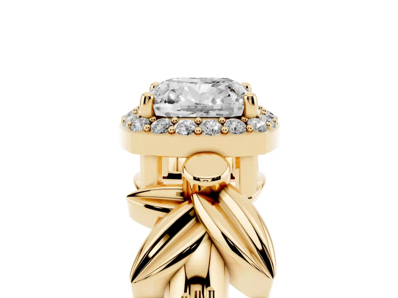 Cushion Cut Floral Halo Engagement Ring Setting | Leaf Shoulders | Yellow Gold
