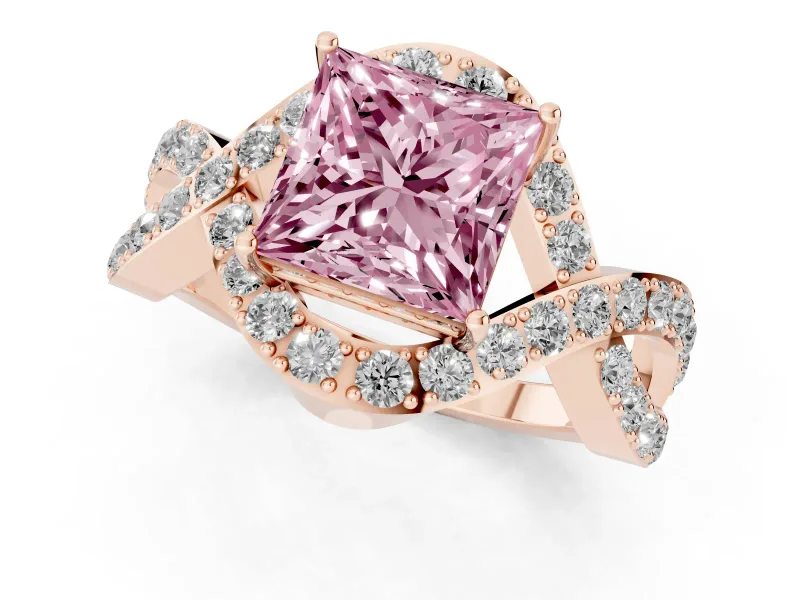 Fancy Pink Princess Cut Diamond Solitaire Twist Band Pavé Engagement Ring Set in Rose gold