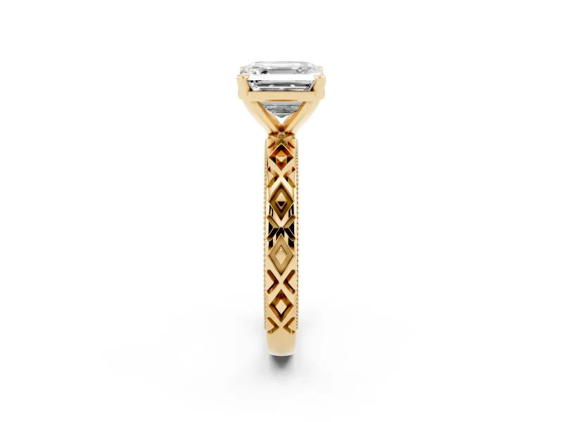 Asscher Cut Diamond Solitaire Ring Set in Yellow gold with Milgrain and Black Enamel X Pattern Band