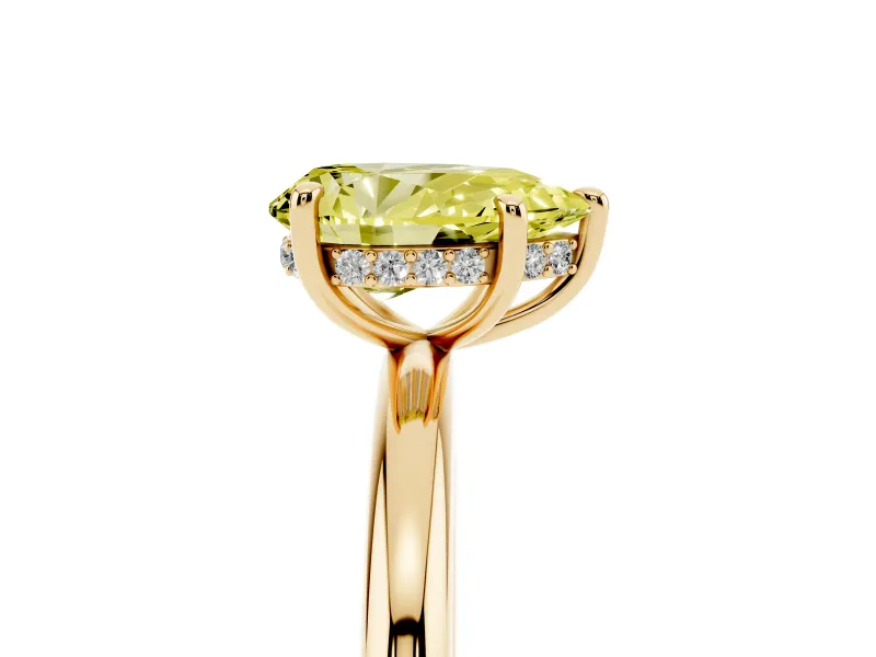 Fancy Yellow Pear Cut Diamond Solitaire Ring Set in Yellow gold with Thin Band and Prong Setting