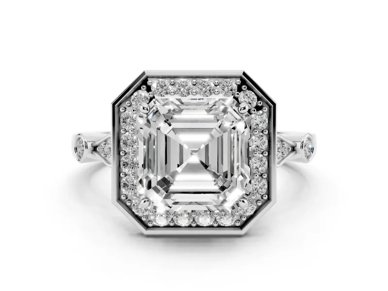 Asscher Cut Diamond Halo Engagement Ring Set in Platinum with Twisted Band and Prong Setting