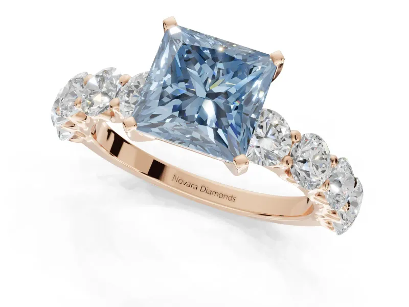 Princess Cut Side Stone Engagement Ring Setting for a Fancy Blue Lab-Grown Diamond | Scalloped Prong Accents | Rose Gold