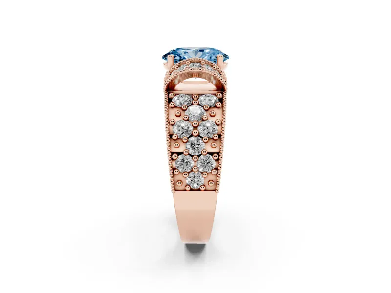 Oval Vintage Milgrain Pave Engagement Ring Setting for a Fancy Blue Lab-Grown Diamond | Crescent Side Rows | Rose Gold