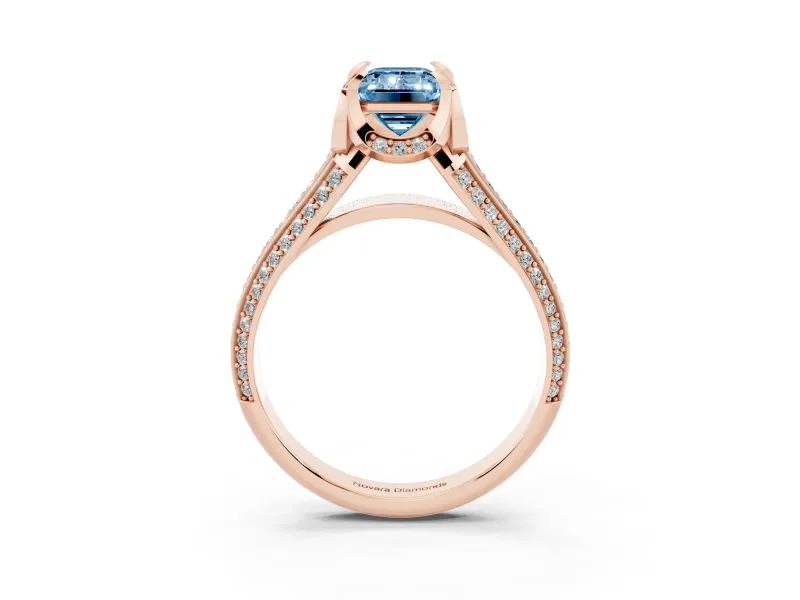 Fancy Blue Emerald Cut Diamond Pavé Split Shank Solitaire Ring Set in Rose gold with Prong Setting
