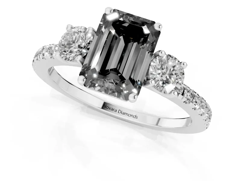 Emerald Cut Three Stone Engagement Ring Setting for a Black Center | Pavé Shoulders | Platinum