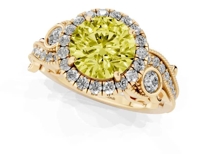 Fancy Yellow Round Cut Diamond Halo Ring Set in Yellow gold with Milgrain Pavé Band and Prong Setting