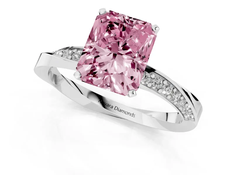 Fancy Pink Radiant Cut Diamond Engagement Ring Set in Platinum with Side Stone Accents and Prong Setting