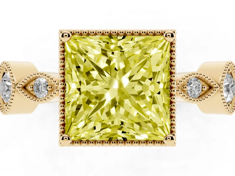 Princess Cut Vintage Milgrain Engagement Ring Setting for a Fancy Yellow Lab-Grown Diamond | Yellow Gold