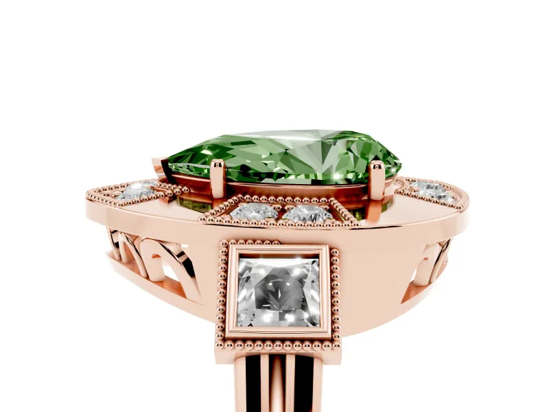 Fancy Green Pear Cut Diamond Milgrain Halo Ring Set in Rose gold with Split Shank