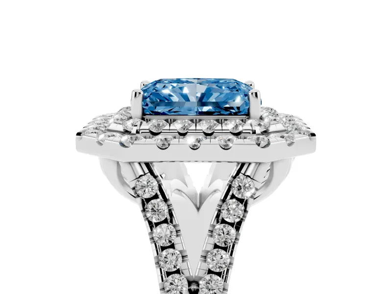 Radiant Cut Halo Split Shank Engagement Ring Setting for a Fancy Blue Lab-Grown Diamond | Sterling Silver