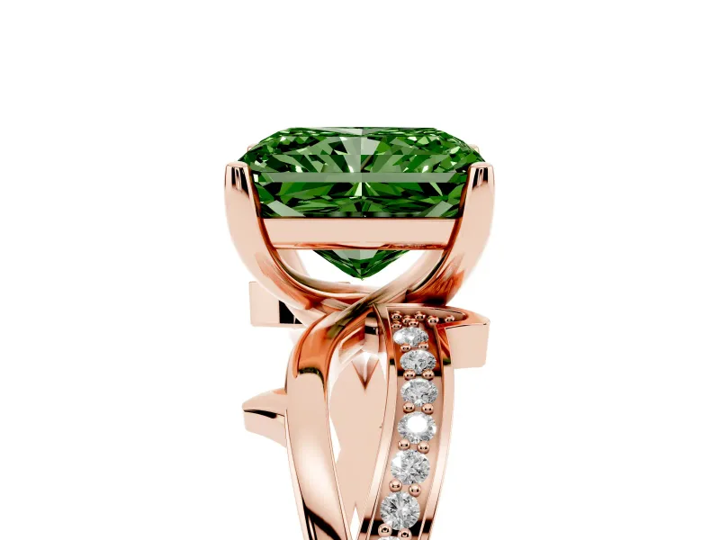 Fancy Green Radiant Cut Diamond Pavé Twist Band Solitaire Ring Set in Rose gold with Prong Setting