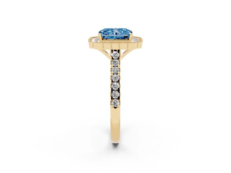 Fancy Blue Radiant Cut Diamond Milgrain Floral Halo Engagement Ring Set in Yellow gold with Pavé Band