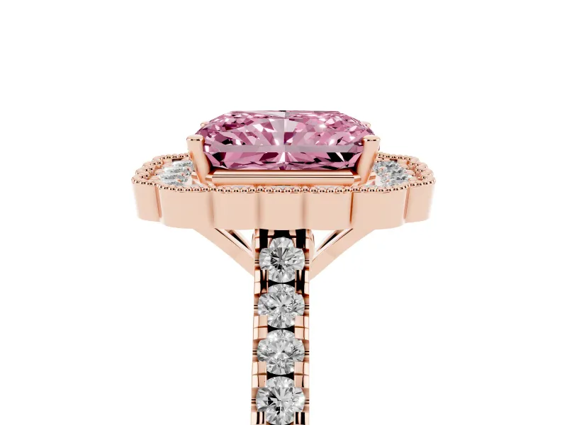 Fancy Pink Radiant Cut Diamond Milgrain Floral Halo Engagement Ring Set in Rose gold with Pavé Band